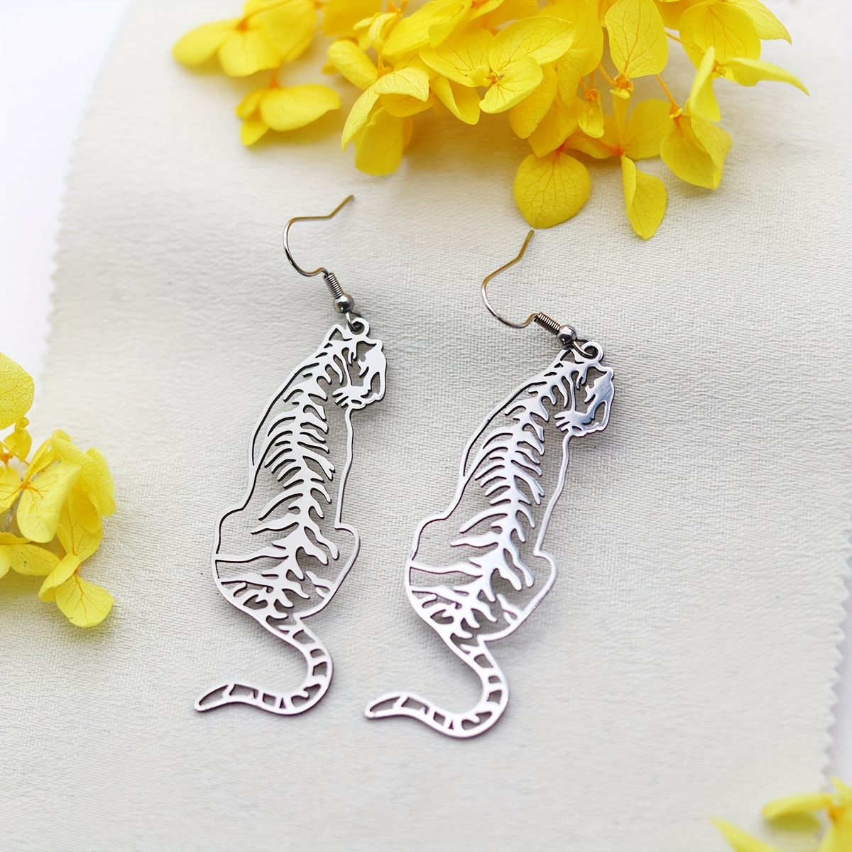 Cut-out Vintage Tiger Drop Earrings, Stainless Steel